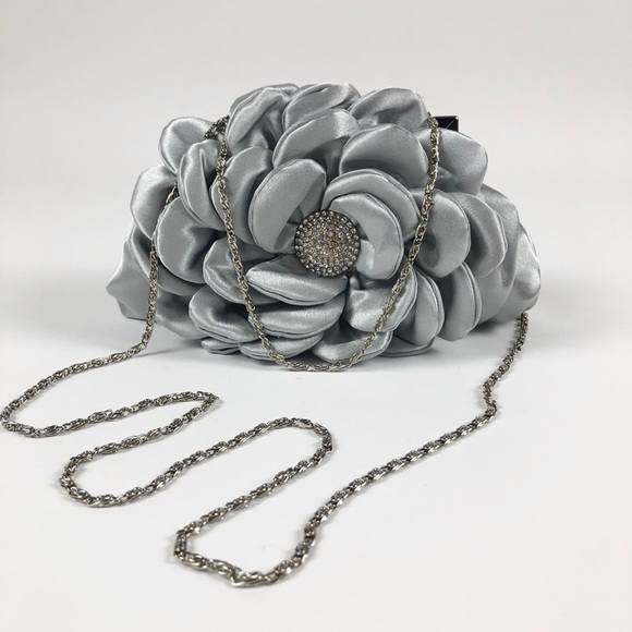 Silver Satin Crystal Flower Frame Evening Clutch - Picture 7 of 8